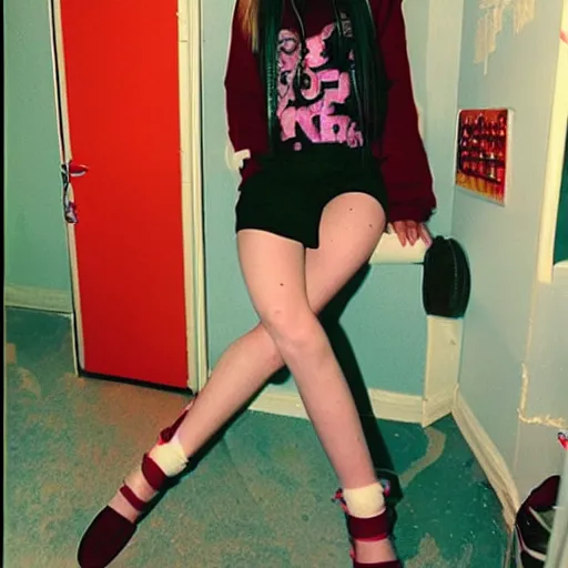 Prompt: 2 0 0 4 photograph, edgy 1 7 - year - old girl in her room, 2 0 0 4, y 2 k fashion, punk girl, mallcore girl