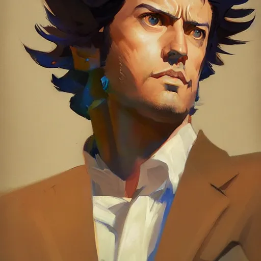 Image similar to greg manchess portrait painting of spike spiegel as overwatch character, totally whack, medium shot, asymmetrical, profile picture, organic painting, sunny day, matte painting, bold shapes, hard edges, street art, trending on artstation, by huang guangjian and gil elvgren and sachin teng