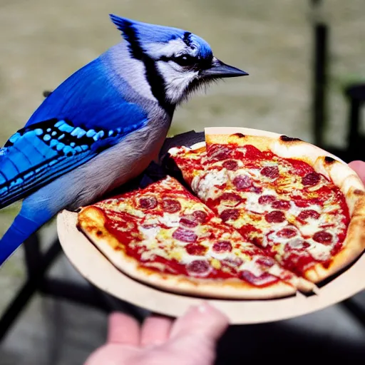 Image similar to bluejay eating pizza