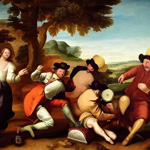 Prompt: cowboys having a water balloon fight, hyper realistic, 1 7 0 0 s style renaissance painting