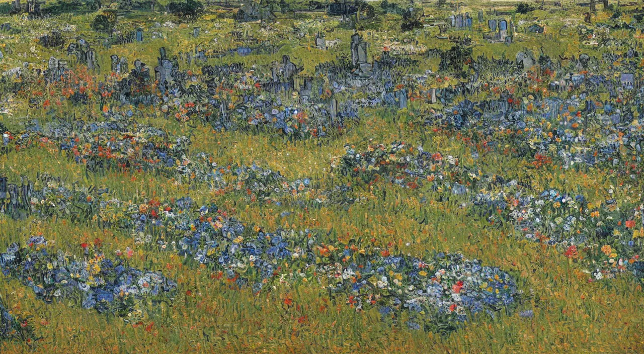 Image similar to painting of a graveyard adorned with flowers in a cemetary by van gogh, beautiful sunny day