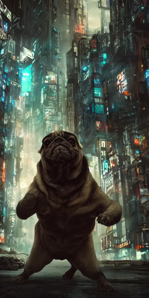 Image similar to an ancient pug destroying a dystopian city, cyberpunk, sharp focus, dynamic lights, still, photograph, hyper realistic, masterpiece, octane render, rendered, 3 d, cinematic, cinematic lighting, dramatic lighting, highly detailed, intricate details, texture, cinematic composition, wide shot, by donglu yu and kevin jick and eddie del rio