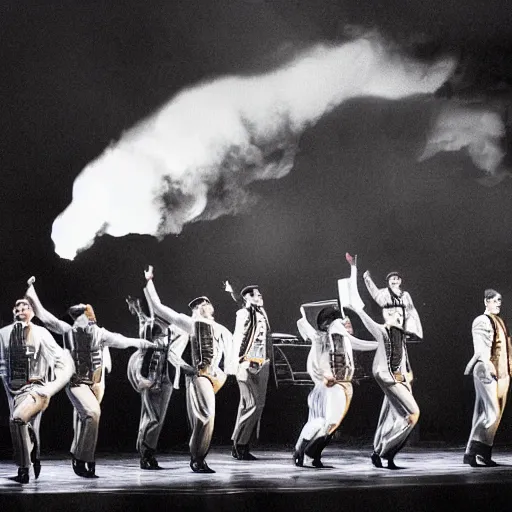 Image similar to award winning Production photo of the Hindenburg disaster the musical on broadway, dancing, singing, costumes by Julie Taymor, set design by Julie Taymor