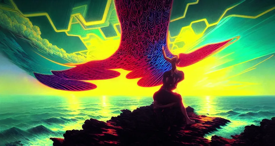 Image similar to psychedelic tron wings in front mind bending sunset, cliffside ocean scene, backlit, intricately aesthetic, surreal, diffuse lighting, hyper realistic, elegant, intricate, hyper detailed, smooth, sharp focus, concept art, illustration, trending on artstation, art by artem demura, greg rutkowski, james gurney, and alphonse mucha