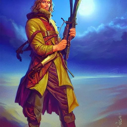 Image similar to a man holding a large blunderbuss. standing in a sand dune. colorful, bright, fantasy, artgerm, dnd, fantasy, rpg