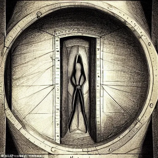 Image similar to astronaut opening door that shows the universe illustrated by davinci, golden ratio, circles, squares, perfection, intricate, sublime, heavenly, doorway, detailed, pencil art, spirals