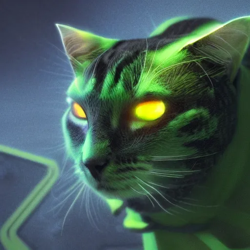 Image similar to moody atmospheric render of a cyborg cat with a chartreuse and teal color scheme by leon tukker