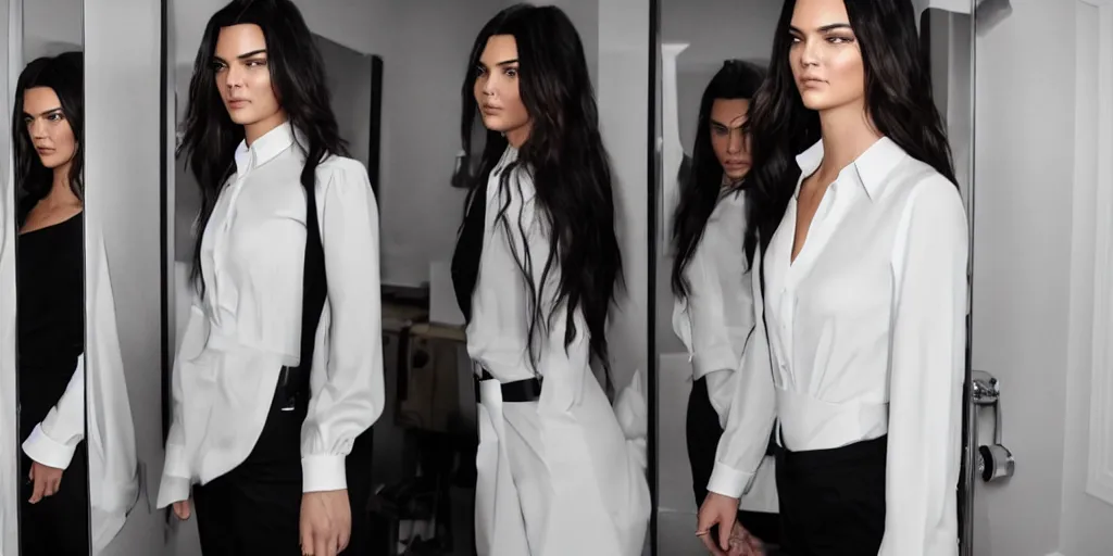 Image similar to ultra wide angle photo of kendall jenner dressed in a white blouse and black dress pants as diana prince looking at herself in a bathroom mirror and seeing her reflection as wonder woman