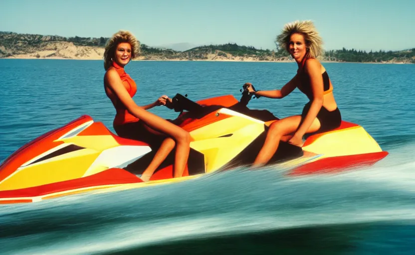 Image similar to color photo of a photomodel driving a jetski in california. 8 0's style