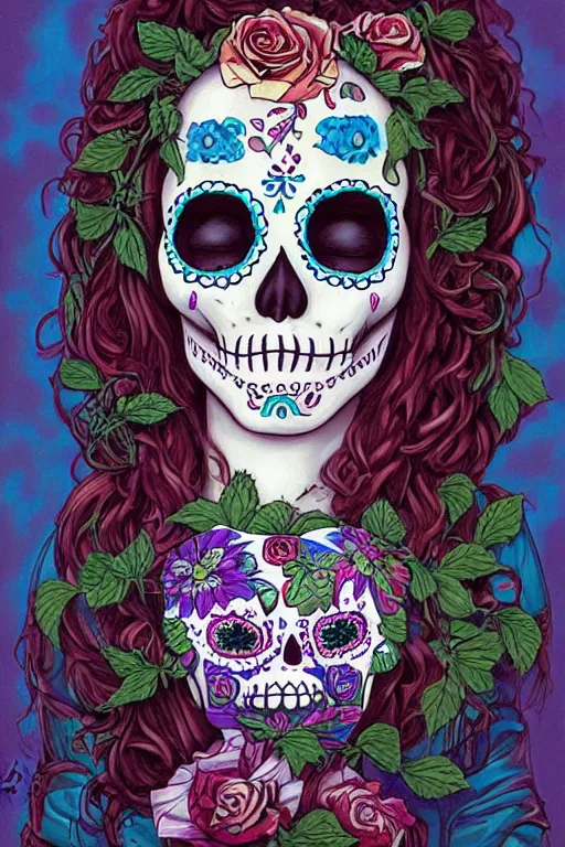 Prompt: Illustration of a sugar skull day of the dead girl, art by michael whelan