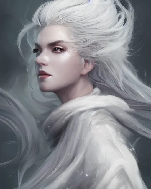 Prompt: portrait of a beautiful fierce snow and storm goddess, flowy white grey hair, grey eyes, cinematic lighting, highly detailed, digital painting, trending on artstation, pixiv, concept art, sharp focus, illustration, art by ross tran and wlop