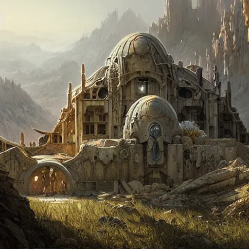 Prompt: concept art of a ruined post - apocalyptic sci - fi monastery at the top of a mountain, ultra realistic, concept art, intricate details, eerie, highly detailed, photorealistic, octane render, 8 k, unreal engine. art by artgerm and greg rutkowski and alphonse mucha