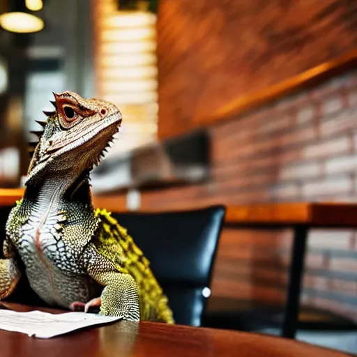 Prompt: a life sized bearded dragon standing up, wearing a suit and tie in a restaurant, asking you what you want to order for food