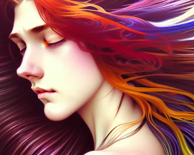 Image similar to overlord, psychedelic flowing hair, close eyes, portrait, highly detailed, deep focus, elegant, digital painting, smooth, sharp focus, illustration, ultra realistic, 8 k, art by artgerm and alphonse mucha