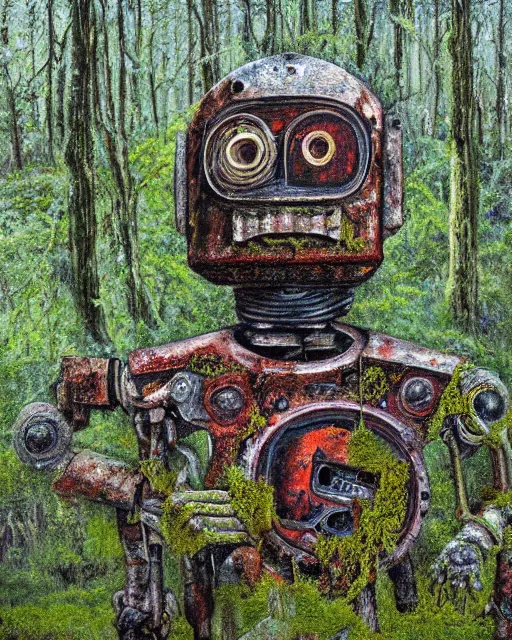 Image similar to detailed oil painting of a decayed, rusty, robot, covered in moss, in a forest, painted by Greg Rukowtski, sunlight