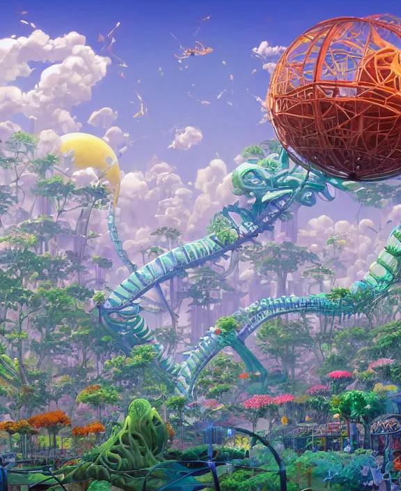 Prompt: simplicity, elegance, an amusement park made out of bizarre organic creatures, in the style of a streamlined asymmetrical spaceship, overgrown with flowers, partly cloudy, sun - drenched, by dan mumford, yusuke murata, makoto shinkai, ross tran, cinematic, unreal engine, cel shaded, featured on artstation, pixiv