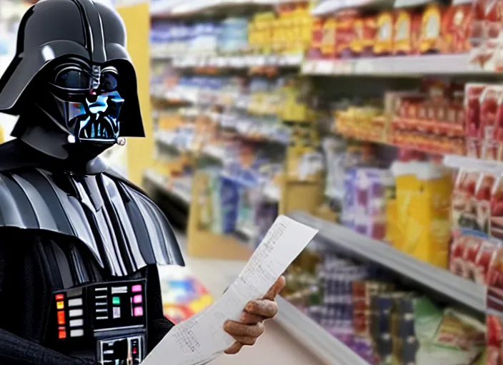 Image similar to film still of Darth Vader working as a cashier at a grocery store in the new Star Wars movie, 4k