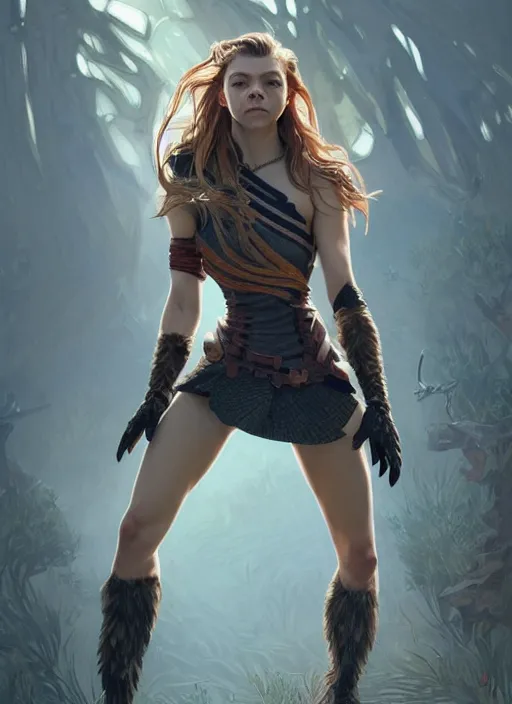 Image similar to natalie dormer wearing a miniskirt doing a backflip, beautiful seductive face, intricate, elegant, highly detailed, digital painting, artstation, concept art, smooth, sharp focus, illustration, art by artgerm and greg rutkowski and alphonse mucha, horizon zero dawn 8 k, tim burton