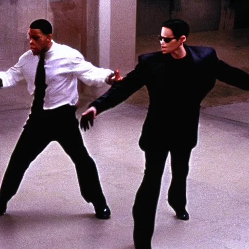 Prompt: film still of Will Smith as Neo in The Matrix, fight scene with agent smith in subway