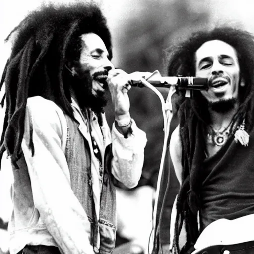 Image similar to bob marley performing at coachella with freddie murphy from queen, photo, concert