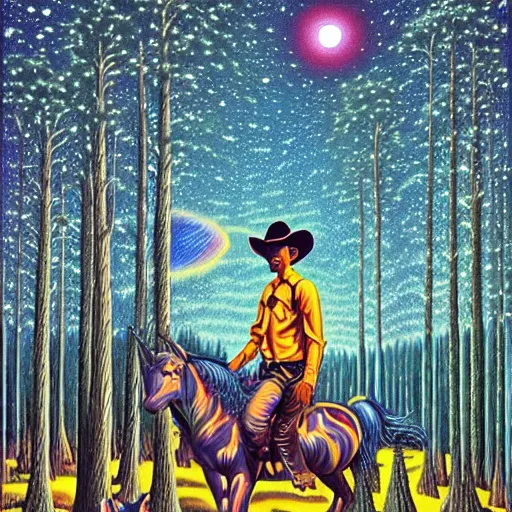 Prompt: psychedelic, trippy, broken cowboy, unicorn, pine forest, planets, milky way, cartoon by rob gonsalves