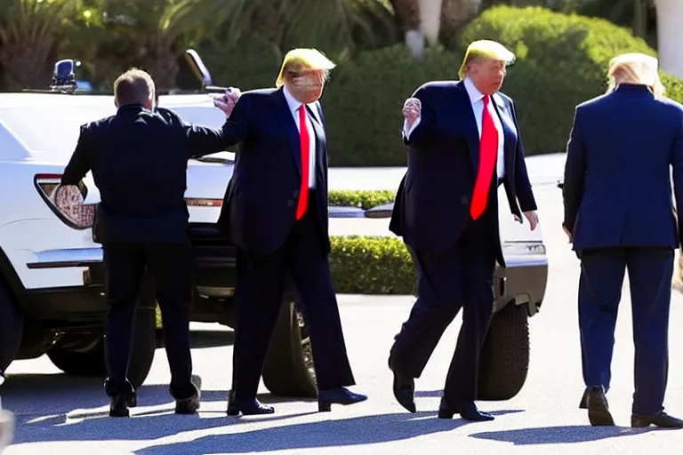 Image similar to Donald Trump in handcuffs escorted by two FBI agents at Mar-a-lago, photo