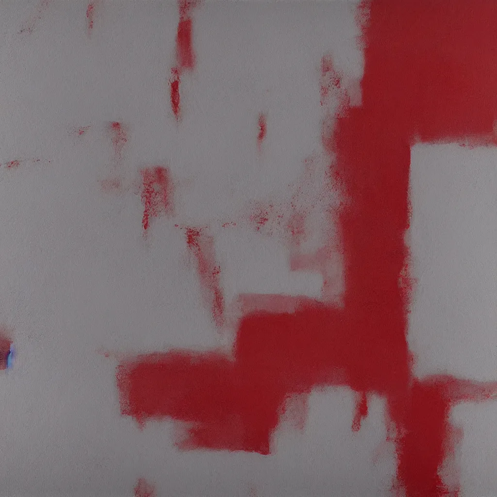 Prompt: A minimalist abstract painting using soft pale colours and milky textures, scratches and a few simple shapes, combined with cinnabar red.