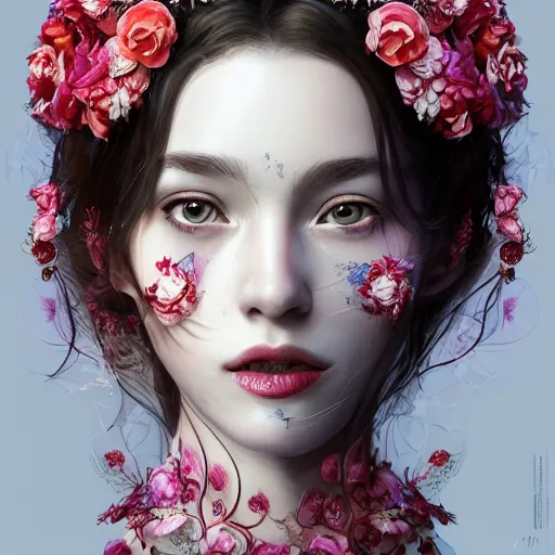 Prompt: the face of an absurdly beautiful, graceful, elegant, sophisticated sensual young woman made of strawberries and white petals with tears, an ultrafine hyperdetailed illustration by kim jung gi, irakli nadar, intricate linework, bright colors, octopath traveler, final fantasy, unreal engine 5 highly rendered, global illumination, radiant light, detailed and intricate environment