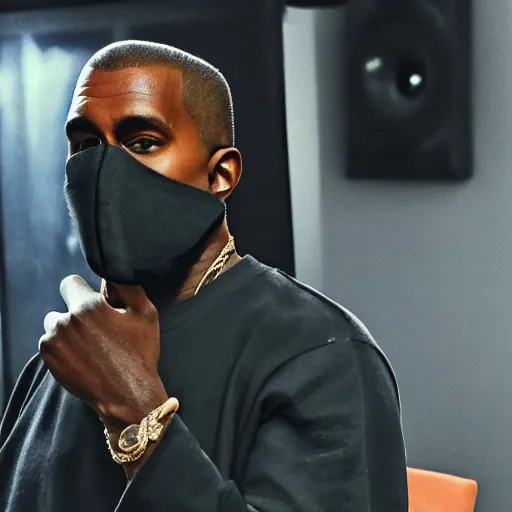 Image similar to a photo of Kanye West wearing a mask in the studio, 8K concept art, shot on IPhone 6, slightly blurry