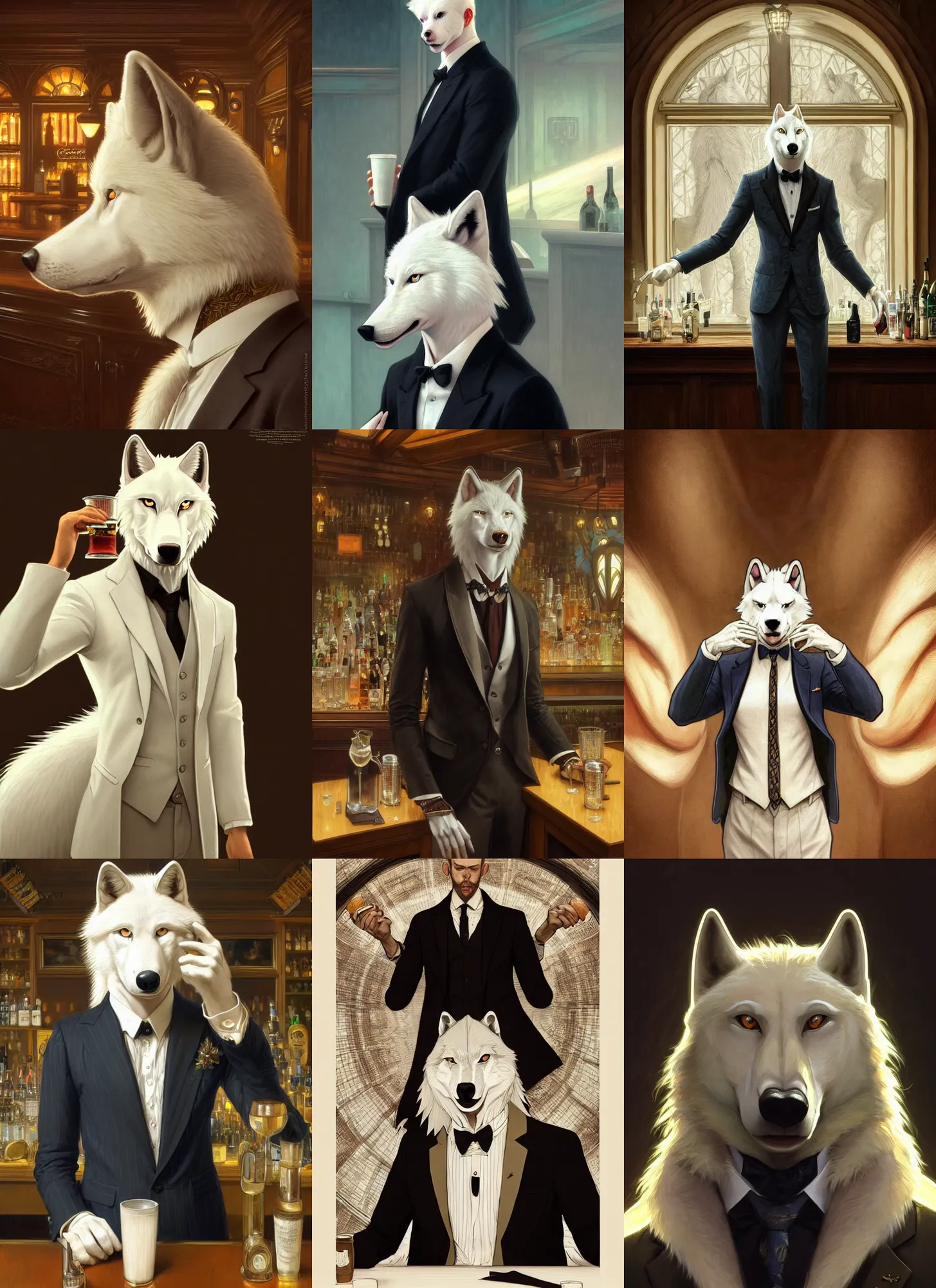 Prompt: photography of a male anthropomorphic albino wolf fursona wearing a nice suit at a bar, deep focus, intricate, elegant, highly detailed, digital painting, artstation, concept art, matte, sharp focus, illustration, art by artgerm and greg rutkowski and alphonse mucha