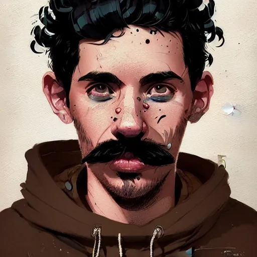 Image similar to highly detailed portrait of a sewer punk guy worker, thirties, black hair, brown eyes, small mustache, tartan hoody, short curly hair by atey ghailan, by greg rutkowski, by greg tocchini, by james gilleard, by joe fenton, by kaethe butcher, gradient pink, brown, light blue and white color scheme,