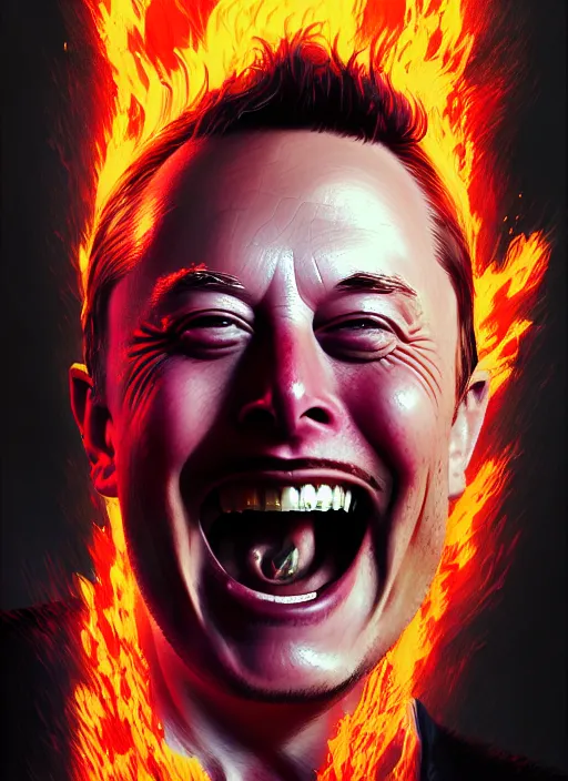 Image similar to portrait of insane elon musk laughing as a tesla runs into a child and bursts into flames, intricate, unholy, fire, highly detailed, digital painting, artstation, concept art, smooth, sharp focus, illustration, art by wlop, mars ravelo and greg rutkowski