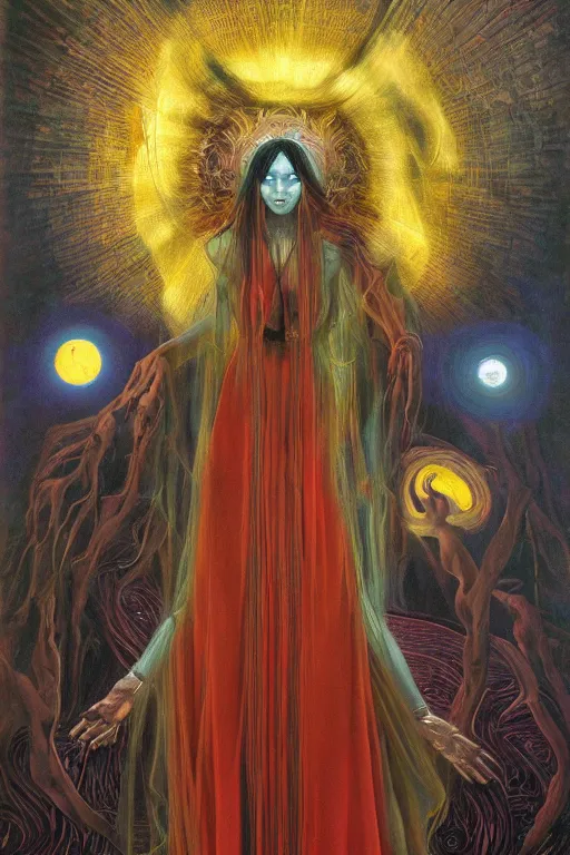 Image similar to gorgeous robed cult girl performing realism third eye ritual, dark theme night time, expanding electric energy waves into the ethereal realm, epic surrealism 8k oil painting, portrait, perspective, high definition, post modernist layering, by Ernst Fuchs, Gerald Brom