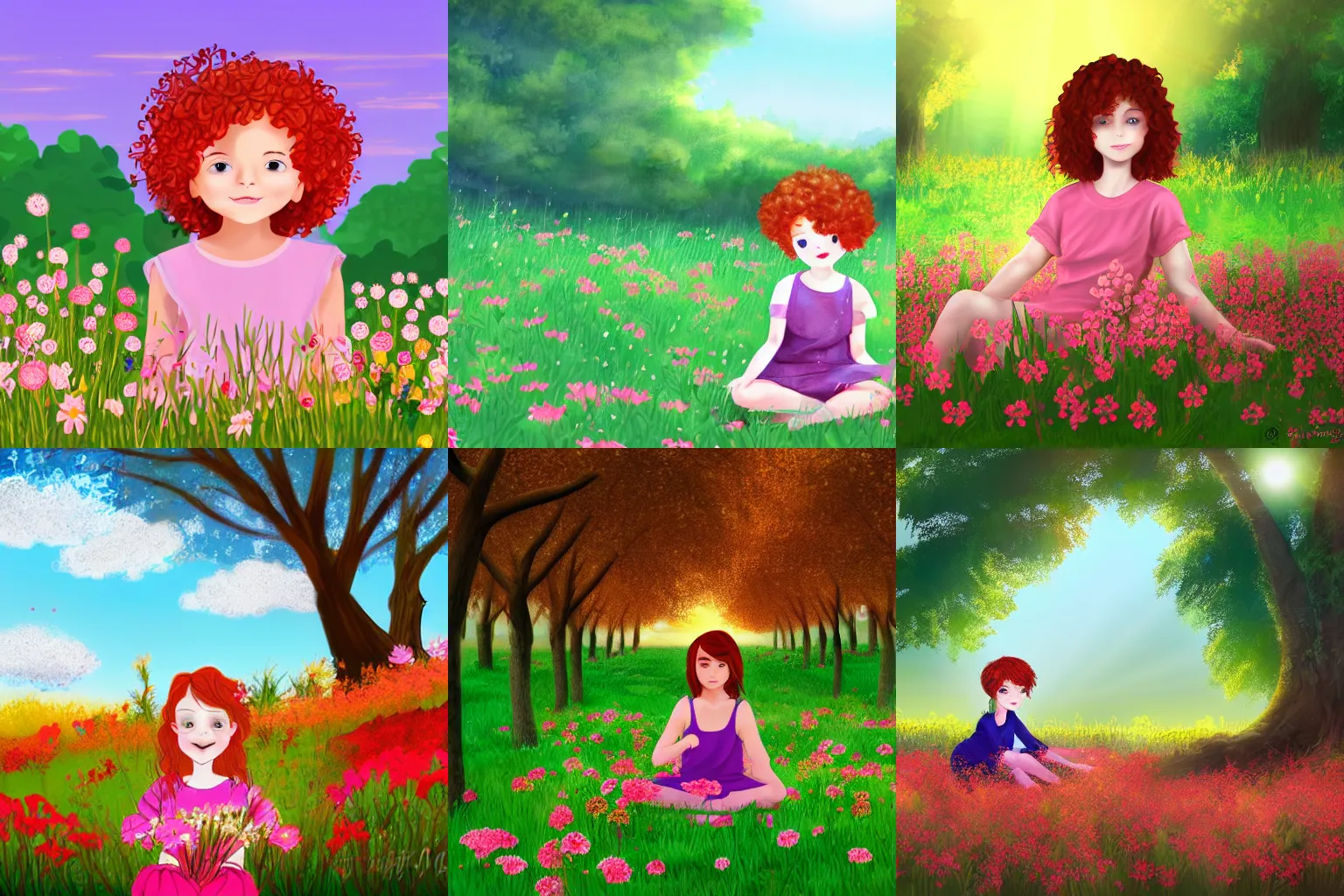 Prompt: a cute young girl with short curly red hair sitting in a field of flowers, god rays are passing through the trees in the background, cute digital drawing