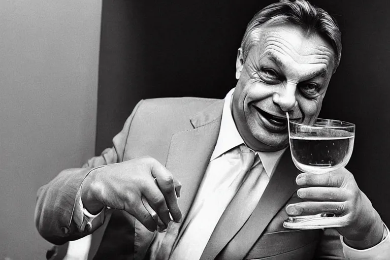 Prompt: viktor orban drinking champagne, smoking cigar, laughing hard, highly detailed face, inspired by edward hopper