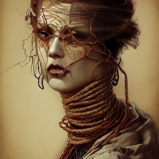 Image similar to portrait of a Shibari rope wrapped face and neck, headshot, insanely nice professional hair style, dramatic hair color, digital painting, of a old 13th century, traveler, amber jewels, baroque, ornate clothing, scifi, realistic, hyperdetailed, chiaroscuro, concept art, art by Franz Hals and Jon Foster and Ayami Kojima and Amano and Karol Bak,