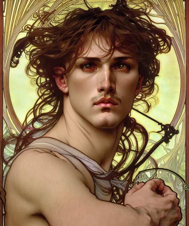 Prompt: realistic detailed face portrait of the god apollo by alphonse mucha, ayami kojima, amano, greg hildebrandt, and mark brooks, male, masculine, art nouveau, neo - gothic, gothic, character concept design