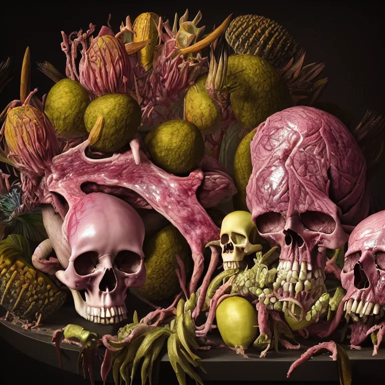 Image similar to still life of beautiful pastel tropical alien flowers, skull, human body parts, tropical fruit, human spine, rotten meat flesh with colorful mold, muscle tissue, spikes, baroque painting, beautiful detailed intricate insanely detailed octane render, 8K artistic photography, photorealistic, chiaroscuro, Raphael, Caravaggio