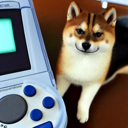 Image similar to a cat shiba inu playing a gameboy