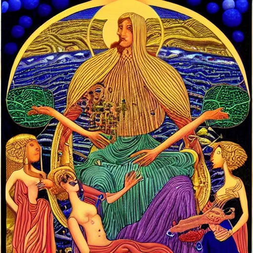 Image similar to by emek golan casual. the computer art shows venus seated on a crescent moon. she is surrounded by the goddesses ceres & bacchus, who are both holding cornucopias.