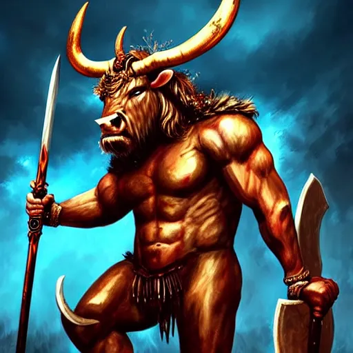 Image similar to epic bull headed minotaur beast in noble armor wielding giant axe, artwork, vivid colors, concept art, greek mythology, detailed, modern design, dark fantasy, digital painting, artstation, d&d