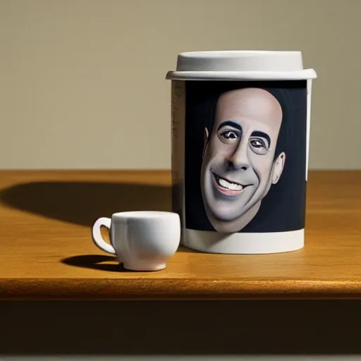 Image similar to coffee cup with an oil painting of jerry seinfeld, studio lighting, 4 k