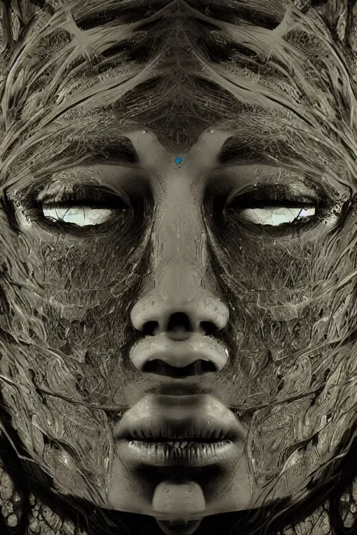 Image similar to very dark underwater portrait of a Mayan face, with (reaction diffusion) scaled fish skin. face closeup. long intricate dark hair, with Bioluminescent jellyfish. very high detail, illustration, trending on artstation