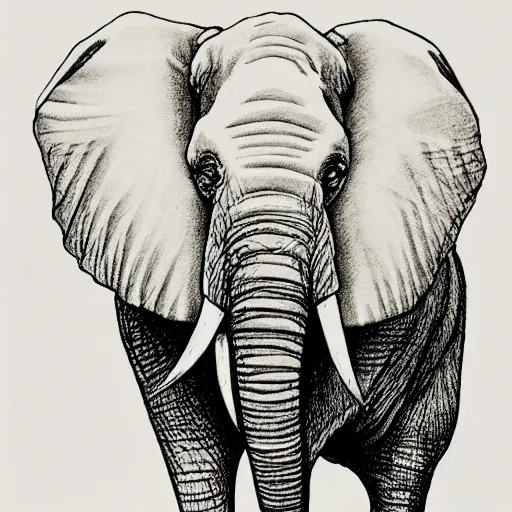 Prompt: pen drawing of an elephant standing on hundreds of isosceles triangles