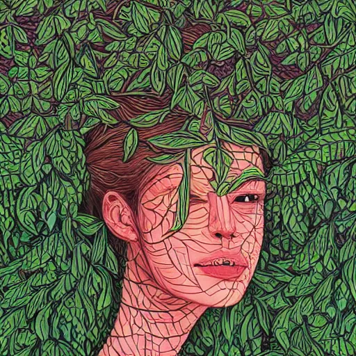 Prompt: the face of an incredibly beautiful and elegant woman partially made of tomatoes vines and grass gazing into the distance, an ultrafine detailed illustration by james jean, final fantasy, intricate linework, bright colors, behance contest winner, vanitas, angular, altermodern, unreal engine 5 highly rendered, global illumination, radiant light, detailed and intricate environment