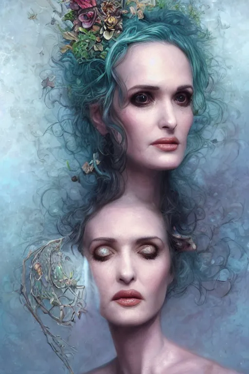 Prompt: closeup portrait shot of winona ryder as delirium of the endless, the sandman, the fairy queen, floral growth, thick fancy makeup, highly detailed, digital painting, artstation, concept art, soft focus, depth of field, artgerm, tomasz alen kopera, peter mohrbacher, donato giancola, wlop, boris vallejo