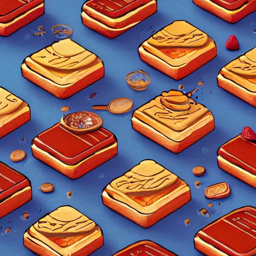 Image similar to fineline painting anthropomorphic toast in an isometric steampunk strawberry jam factory, colour pallette of strawberry shortcake, incredible detail, vray render subsurface scatter drum scanner, intricate complexity, golden ratio, cartoon animation pendleton ward, 8 k detail