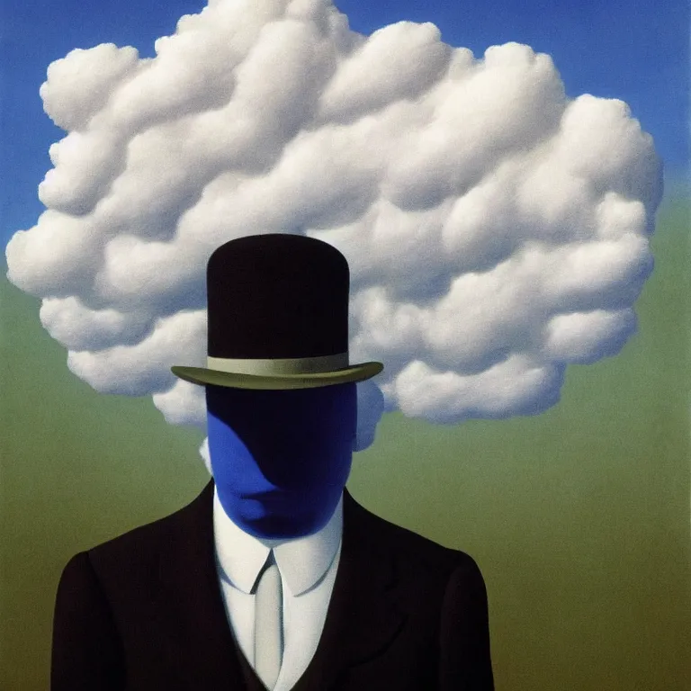 Image similar to cloud - man, by rene magritte, centered, detailed painting, hd, hq, high resolution, high detail, 4 k, 8 k