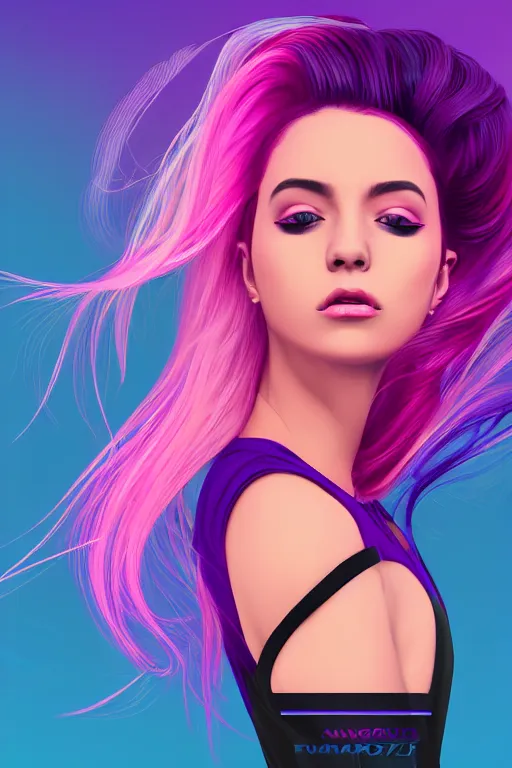 Image similar to a award winning half body porttrait of a beautiful woman in a croptop with ombre purple pink teal hairstyle with head in motion and hair flying, outrun, vaporware, shaded flat illustration, digital art, trending on artstation, highly detailed, fine detail, intricate