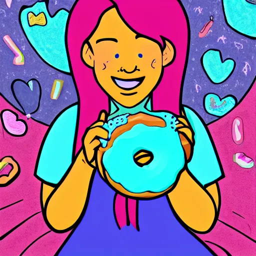 Image similar to Mabel Pines eating a donut, colourful, drawing, masterpiece, high detail, digital art